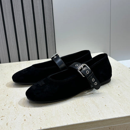 MIUMIU 26S MARY JANE FLATS IN BLACK SUEDE WITH BUCKLE STRAP CALFSKIN