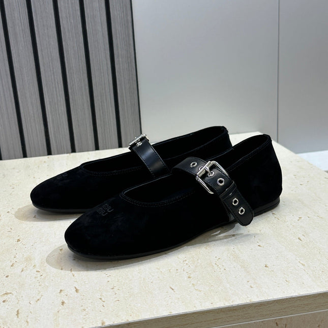 MIUMIU 26S MARY JANE FLATS IN BLACK SUEDE WITH BUCKLE STRAP CALFSKIN