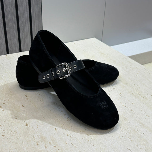 MIUMIU 26S MARY JANE FLATS IN BLACK SUEDE WITH BUCKLE STRAP CALFSKIN