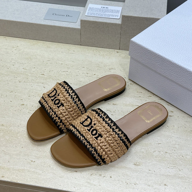 DIOR 26S D-WAY SLIDE IN BEIGE BLACK RAFFIA
