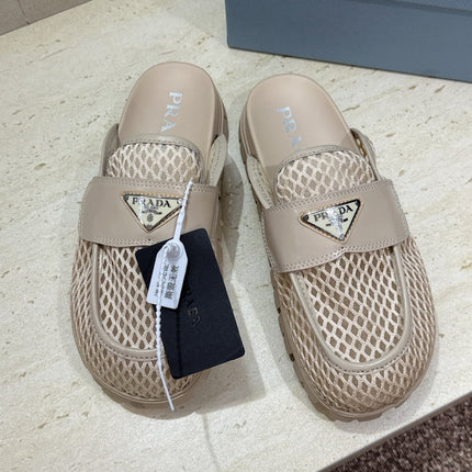 PRADA 26S MULE LOAFERS IN BEIGE MESH AND CALFSKIN
