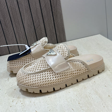 PRADA 26S MULE LOAFERS IN BEIGE MESH AND CALFSKIN