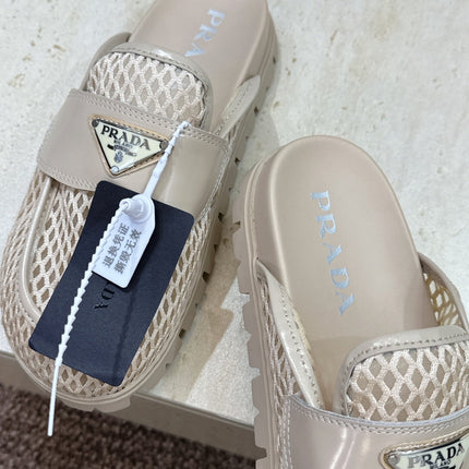 PRADA 26S MULE LOAFERS IN BEIGE MESH AND CALFSKIN