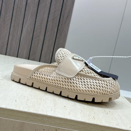 PRADA 26S MULE LOAFERS IN BEIGE MESH AND CALFSKIN