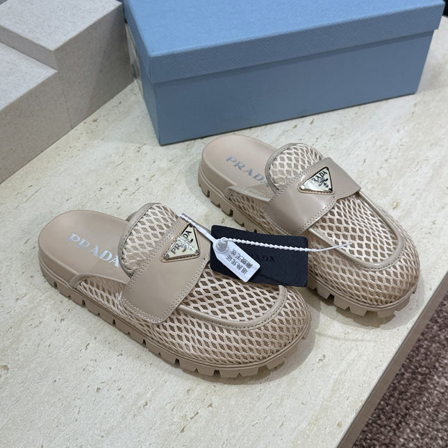 PRADA 26S MULE LOAFERS IN BEIGE MESH AND CALFSKIN