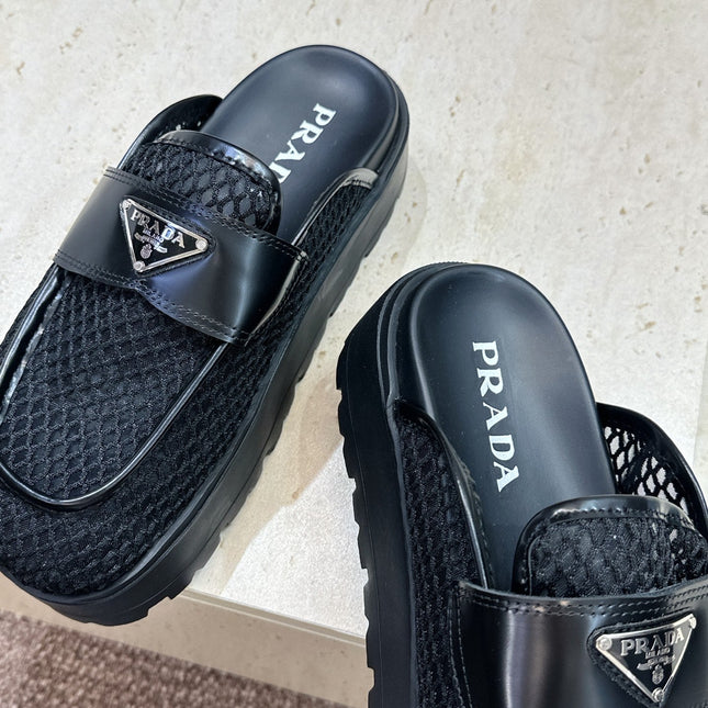 PRADA 26S MULE LOAFERS IN BLACK MESH AND CALFSKIN
