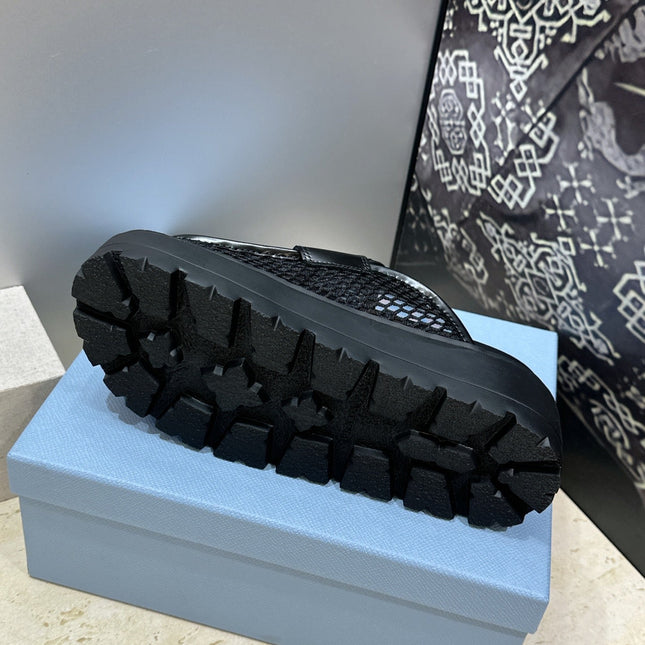 PRADA 26S MULE LOAFERS IN BLACK MESH AND CALFSKIN