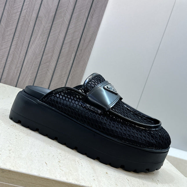 PRADA 26S MULE LOAFERS IN BLACK MESH AND CALFSKIN