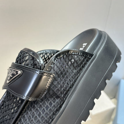 PRADA 26S MULE LOAFERS IN BLACK MESH AND CALFSKIN