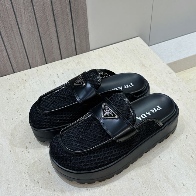 PRADA 26S MULE LOAFERS IN BLACK MESH AND CALFSKIN