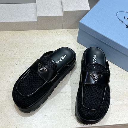 PRADA 26S MULE LOAFERS IN BLACK MESH AND CALFSKIN