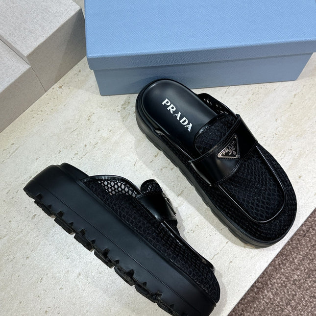 PRADA 26S MULE LOAFERS IN BLACK MESH AND CALFSKIN