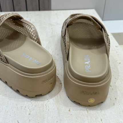 PRADA 26S MULE LOAFERS IN BROWN MESH AND CALFSKIN