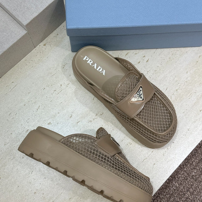 PRADA 26S MULE LOAFERS IN BROWN MESH AND CALFSKIN