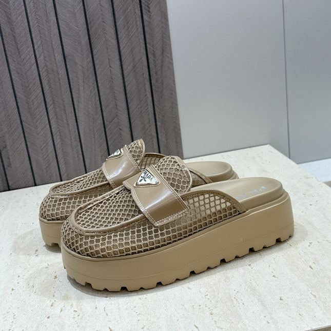 PRADA 26S MULE LOAFERS IN BROWN MESH AND CALFSKIN