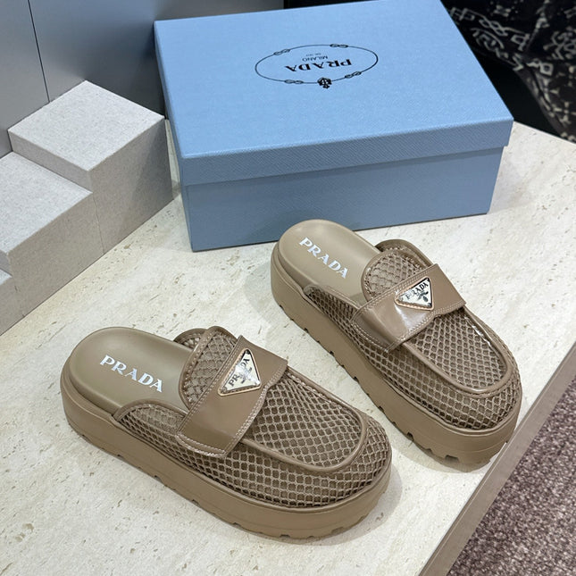 PRADA 26S MULE LOAFERS IN BROWN MESH AND CALFSKIN