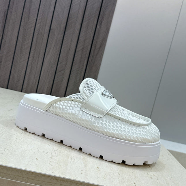 PRADA 26S MULE LOAFERS IN WHITE MESH AND CALFSKIN