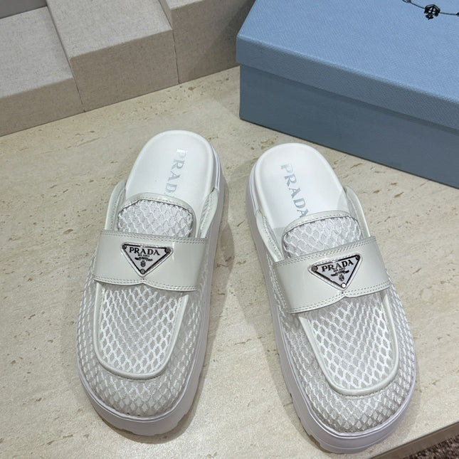 PRADA 26S MULE LOAFERS IN WHITE MESH AND CALFSKIN