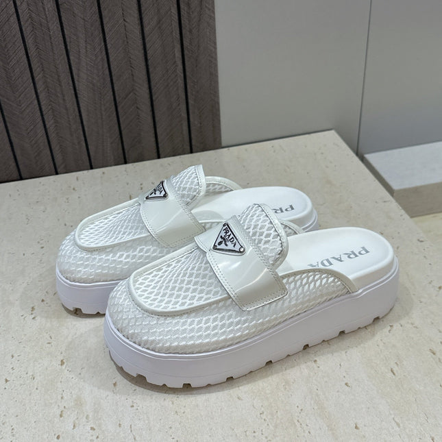 PRADA 26S MULE LOAFERS IN WHITE MESH AND CALFSKIN
