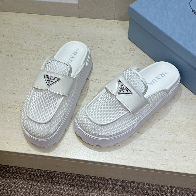 PRADA 26S MULE LOAFERS IN WHITE MESH AND CALFSKIN