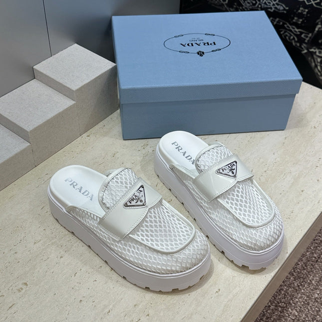 PRADA 26S MULE LOAFERS IN WHITE MESH AND CALFSKIN