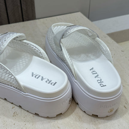 PRADA 26S MULE LOAFERS IN WHITE MESH AND CALFSKIN