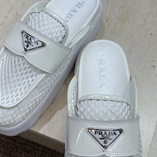 PRADA 26S MULE LOAFERS IN WHITE MESH AND CALFSKIN