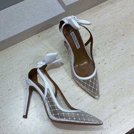 AQUAZZURA 26S SLINGBACK HEELS 105 MM IN WHITE MESH AND LAMBSKIN
