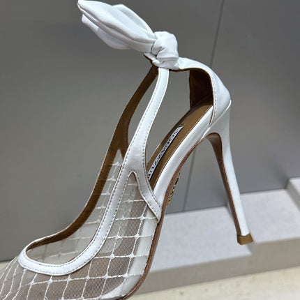 AQUAZZURA 26S SLINGBACK HEELS 105 MM IN WHITE MESH AND LAMBSKIN