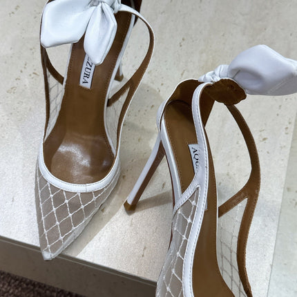 AQUAZZURA 26S SLINGBACK HEELS 105 MM IN WHITE MESH AND LAMBSKIN