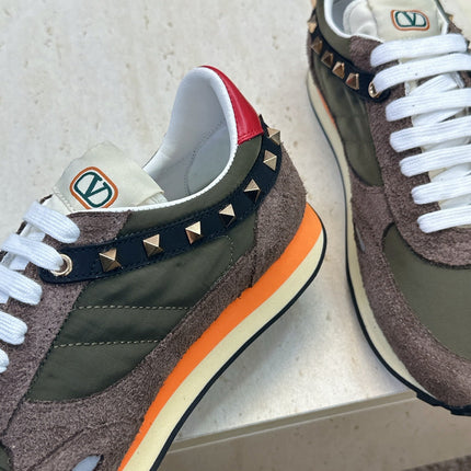 VALENTINO 26S BUTTERFLY EMBROIDERED SNEAKERS IN BROWN SUEDE & MOSS GREEN FABRIC