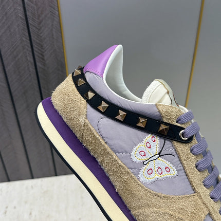 VALENTINO 26S BUTTERFLY EMBROIDERED SNEAKERS IN BEIGE SUEDE & PURPLE FABRIC