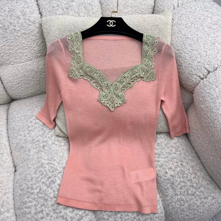 CHLOE 26S LACE EMBROIDERED KNIT TOP STYLE 109
