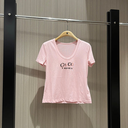 CC Hand-beaded Coco letter U-neck T-shirt Cotton