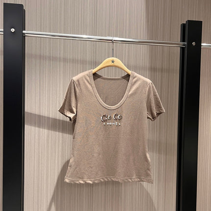 CC Hand-beaded Coco letter U-neck T-shirt Cotton