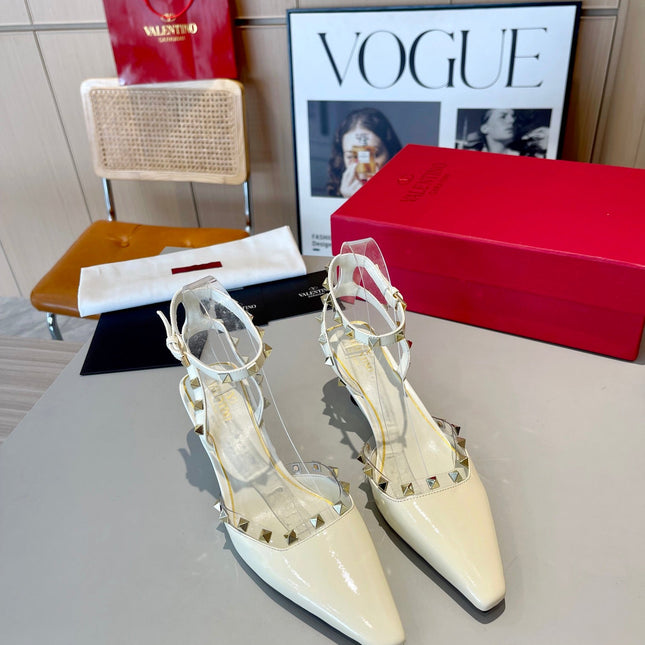 ROCKSTUD CAGED SLINGBACKS 5 CM IN WHITE CALFSKIN