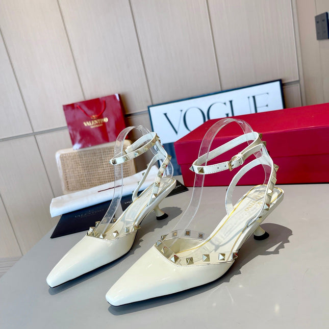 ROCKSTUD CAGED SLINGBACKS 5 CM IN WHITE CALFSKIN