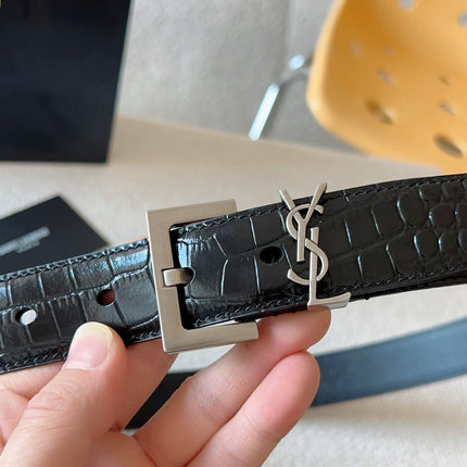 YSL 25S BELT 30 MM IN BLACK CALFSKIN SNAKE-EMBOSSED 571010