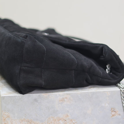 YSL 25S LOULOU PUFFER GM 35 IN BLACK SUEDE SILVER HARDWARE
