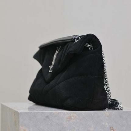 YSL 25S LOULOU PUFFER MM 29 IN BLACK SUEDE SILVER HARDWARE