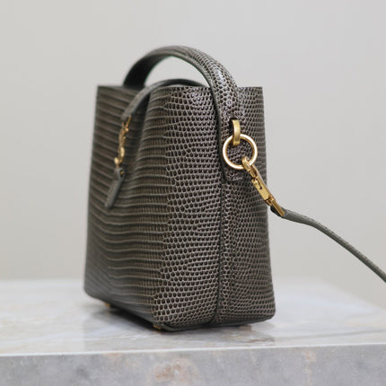 YSL 25S LE 37 MINI 15 IN BROWN LIZARD PATTERN CALFSKIN GOLD HARDWARE
