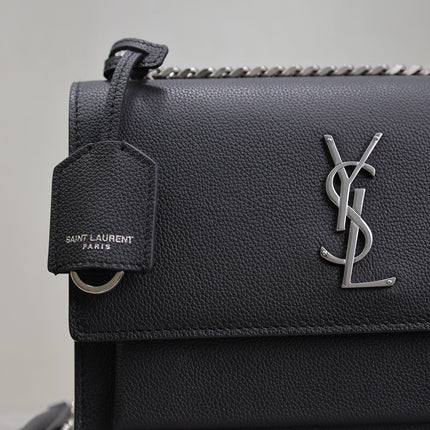 YSL 25S SUNSET MEDIUM 22 IN BLACK GRAINED CALFSKIN SILVER HARDWARE