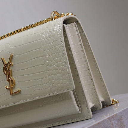 YSL 25S SUNSET MEDIUM 22 IN IVORY CROCODILE-EMBOSSED SHINY CALFSKIN GOLD HARDWARE