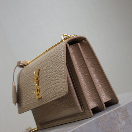 YSL 25S SUNSET MEDIUM 22 IN NUDE CROCODILE-EMBOSSED SHINY CALFSKIN GOLD HARDWARE