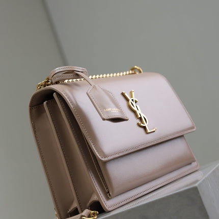 YSL 25S SUNSET BAG 22 IN WARM TAUPE PINK CALFSKIN GOLD HARDWARE