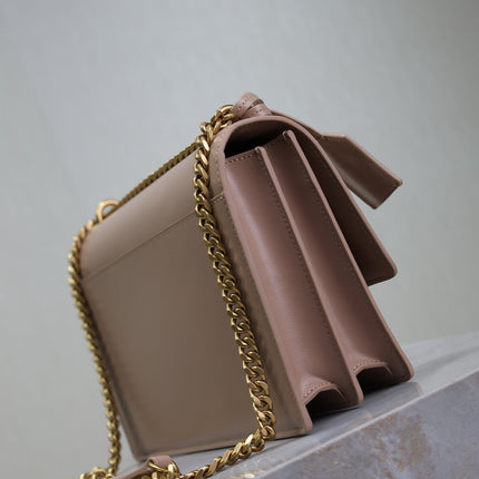 YSL 25S SUNSET BAG 22 IN WARM TAUPE PINK CALFSKIN GOLD HARDWARE