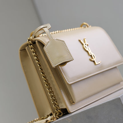 YSL 25S SUNSET BAG 22 IN NUDE CALFSKIN GOLD HARDWARE