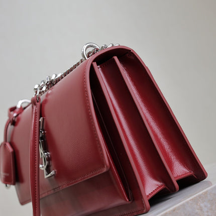 YSL 25S SUNSET BAG 22 IN CRIMSON RED CALFSKIN SILVER HARDWARE