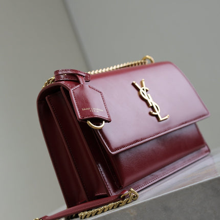 YSL 25S SUNSET BAG 22 IN CRIMSON RED CALFSKIN GOLD HARDWARE