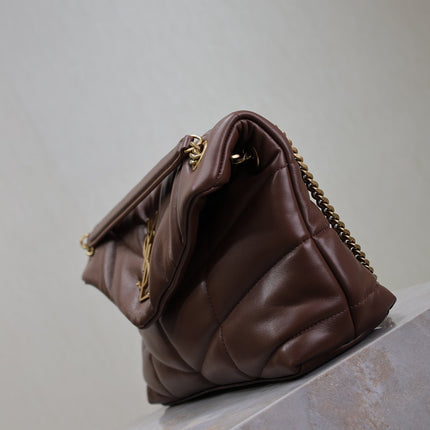 YSL 25S LOULOU PUFFER MM 29 IN DARK BROWN CALFSKIN GOLD HARDWARE